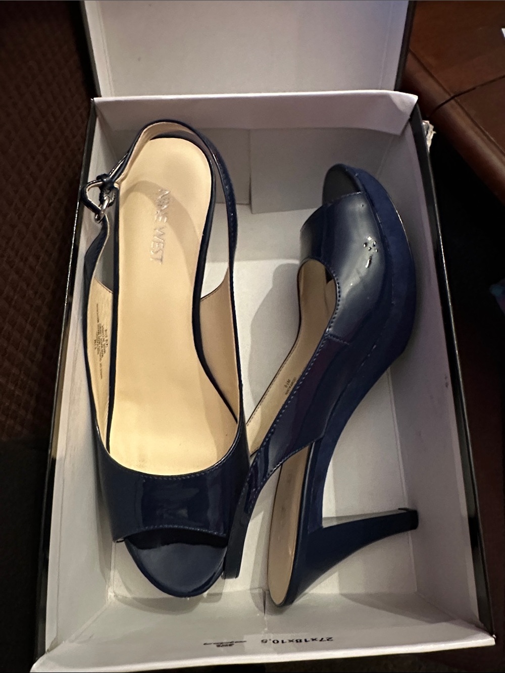 Nine West Navy Patent Peep-Toe Slingback Heels